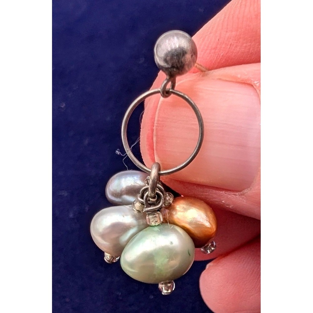 Sterling Silver Freshwater Pearl Cluster Drop Earrings Pastel Multi Tone Boho - Picture 3 of 4